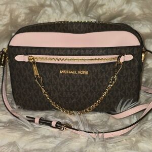 Michael Kors Dark Brown and Light Pink Crossbody Bag